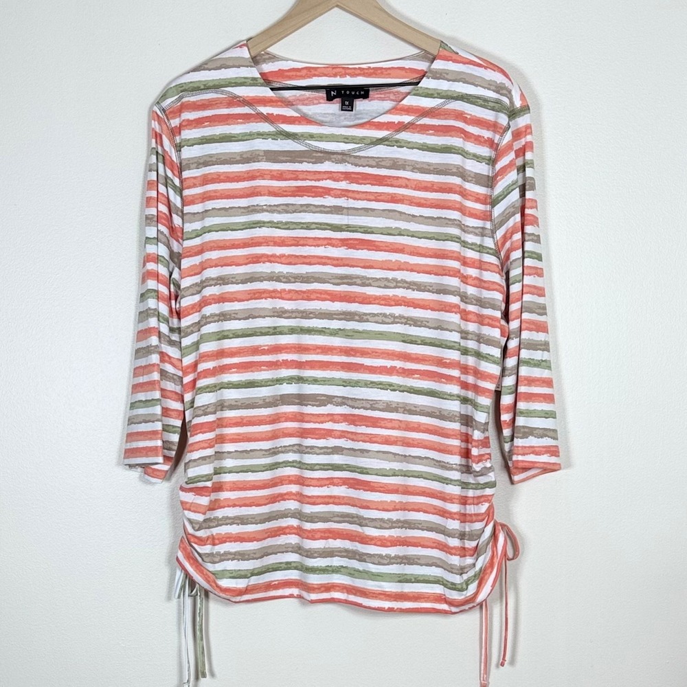 N Touch Womens Top Size 1X Orange Green Stripe Cinch Drawstring Side Casual Fall